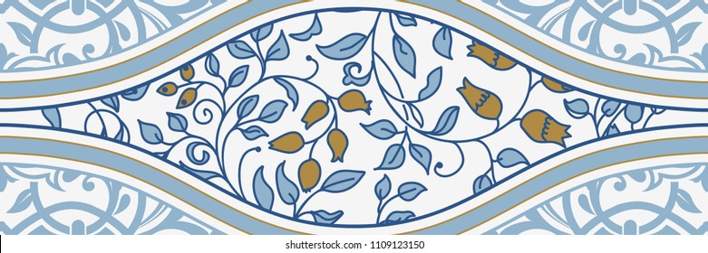 Majolica pottery tile, blue and white azulejo, original traditional Portuguese and Spain decor. Seamless patchwork tile with Victorian motives. Vector illustration