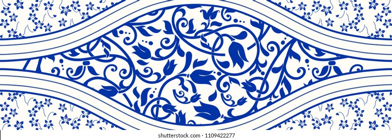 Majolica pottery tile, blue and white azulejo, original traditional Portuguese and Spain decor. Seamless border tile with Victorian motives. Vector illustration.