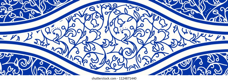 Majolica pottery tile, blue and white azulejo, original traditional Portuguese and Spain decor. Seamless border with Victorian motives. Vector illustration