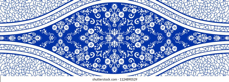 Majolica pottery tile, blue and white azulejo, original traditional Portuguese and Spain decor. Seamless border with Victorian motives. Vector illustration.