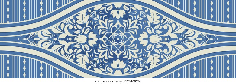 Majolica pottery tile, blue and white azulejo, original traditional Portuguese and Spain decor. Seamless border with Victorian motives. Vector illustration.
