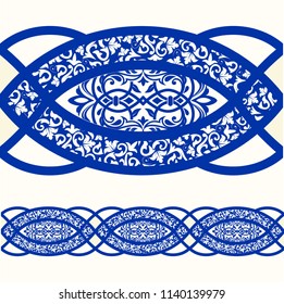 Majolica pottery tile, blue and white azulejo, original traditional Portuguese and Spain decor. Seamless border with Victorian motives. Vector illustration.
