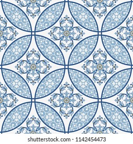 Majolica pottery tile, blue and white azulejo, original traditional Portuguese and Spain decor. Seamless patchwork tile with Victorian motives. Vector illustration