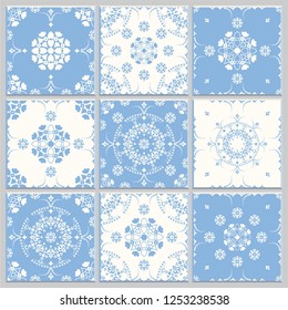 Majolica pottery tile, blue and white azulejos, original traditional Portuguese and Spain decor. Seamless patchwork tile with Victorian motifs. Vector illustration