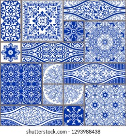 Majolica pottery tile, blue and white azulejo, original traditional Portuguese and Spain decor. Seamless patchwork tile with Victorian motives. Vector illustration.