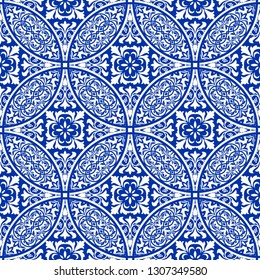 Majolica pottery tile, blue and white azulejo, original traditional Portuguese and Spain decor. Seamless patchwork tile with Victorian motives. Turkish pattern. Vector illustration.