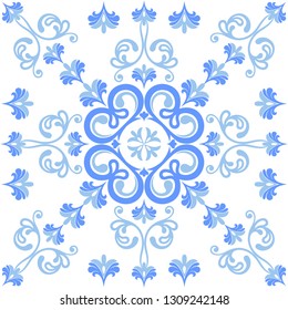 Majolica pottery tile, blue and white azulejos, original traditional Portuguese and Spain decor. Tile with Victorian motifs. Vector illustration