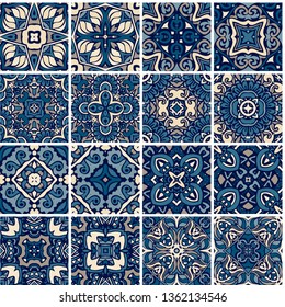 Baldosas de cerámica mallica, azulejos azules y blancos, conjunto de decoración tradicional portuguesa y española. Antecedentes abstractos. Vector Tejas cerámicas sin soldadura.