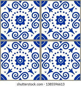 Majolica pottery tile, blue and white azulejo, original traditional Portuguese and Spain decor. Seamless patchwork. Hand drawn pattern. Ceramic tile in talavera style. Vector illustration