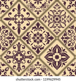 Majolica pottery tile, brown and beige azulejo, original traditional Portuguese and Spain decor. Seamless patchwork tile with Victorian motives. Vector.