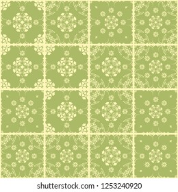 Majolica pottery tile, green and olive azulejos, original traditional Portuguese and Spain decor. Seamless patchwork tile with Victorian motifs. Vector illustration