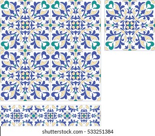 Majolica seamless pattern. Italian majolica,watercolor imitation Italian majolica decoration on ceramic tiles, in blue, orange, green and yellow colors.