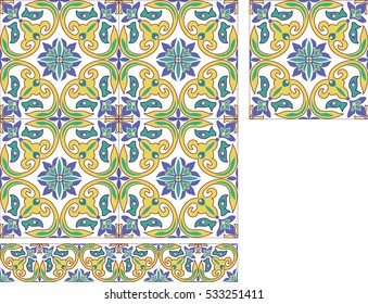 Majolica seamless pattern. Italian majolica,watercolor imitation Italian majolica decoration on ceramic tiles, in blue, orange, green and yellow colors.