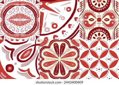Majolica Vector Pattern. Ceramic Background. Sicilian Mosaic.Ethnic Square Tile. Brown and Orange Vintage Talavera Border. Watercolor Azulejo Seamless Design. Portuguese Patchwork Ornament.