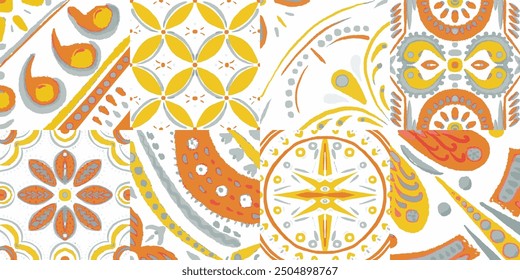 Majolika-Vektormuster. Keramischer Hintergrund. Vintage Talavera Border. Aquarell Azulejo Nahtloses Design. Portugiesischer Patchwork Ornament. Orange, rot, und gelb sizilianischen Mosaik.Ethnic Square Tile.