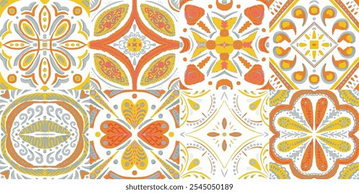 Padrão de vetor Majolica. Fundo de cerâmica. Laranja, vermelho e Amarelo Aquarela Azulejo Design sem emenda. Ornamento Português Patchwork. Vintage Talavera fronteira. Mosaico Siciliano. Telha Quadrada Étnica.