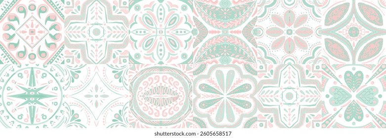 Majolica Vector Pattern. Ceramic Background. Vintage Talavera Border. Watercolor Azulejo Seamless Design. Portuguese Patchwork Ornament. Sicilian Mosaic.Ethnic Square Tile.