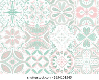 Padrão de vetor Majolica. Fundo de cerâmica. Aquarela Azulejo Design sem Costura. Ornamento Português Patchwork. Vintage Talavera fronteira. Mosaico Siciliano. Telha Quadrada Étnica.