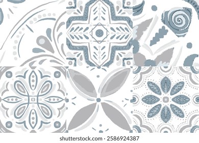 Majolica Vector Pattern. Grey and White Ceramic Background. Watercolor Azulejo Seamless Design. Portuguese Patchwork Ornament. Sicilian Mosaic.Ethnic Square Tile. Vintage Talavera Border.