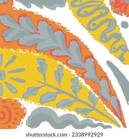 Majolica Vector Pattern. Sicilian Mosaic.Ethnic Square Tile. Orange, red, and Yellow Ceramic Background. Watercolor Azulejo Seamless Design. Portuguese Patchwork Ornament. Vintage Talavera Border.