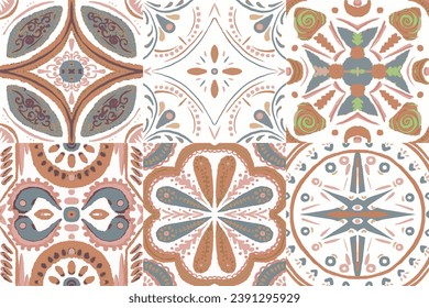 Majolica Vector Pattern. Sicilian Mosaic.Ethnic Square Tile. Ceramic Background. Watercolor Azulejo Seamless Design. Portuguese Patchwork Ornament. Vintage Talavera Border.