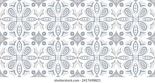 Majolica Vector Pattern. Sicilian Mosaic.Ethnic Square Tile. Grey and White Watercolor Azulejo Seamless Design. Portuguese Patchwork Ornament. Vintage Talavera Border. Ceramic Background.