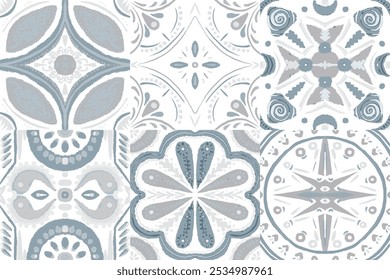 Majolica Vector Pattern. Sicilian Mosaic.Ethnic Square Tile. Ceramic Background. Watercolor Azulejo Seamless Design. Portuguese Patchwork Ornament. Vintage Talavera Border. Grey and White