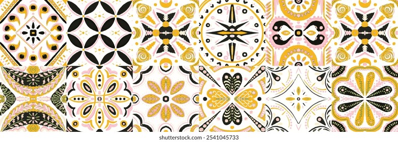 Majolica Vector Pattern. Sicilian Mosaic.Ethnic Square Tile. Vintage Talavera Border. Ceramic Background. Watercolor Azulejo Seamless Design. Portuguese Patchwork Ornament.