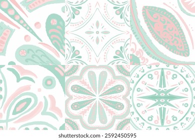 Majolica Vector Pattern. Sicilian Mosaic.Ethnic Square Tile. Ceramic Background. Watercolor Azulejo Seamless Design. Portuguese Patchwork Ornament. Vintage Talavera Border.