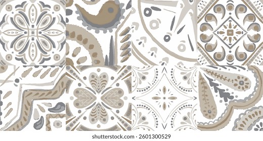 Majolica Vector Pattern. Sicilian Mosaic.Ethnic Square Tile. Ceramic Background. Watercolor Azulejo Seamless Design. Portuguese Patchwork Ornament. Vintage Talavera Border.