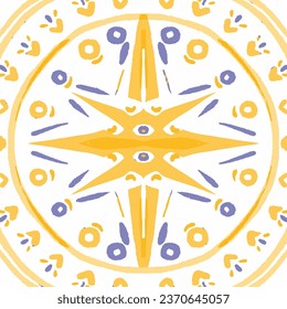 Majolica Vector Pattern. Vintage Talavera Border. Ceramic Background. Watercolor Azulejo Seamless Design. Portuguese Patchwork Ornament. Sicilian Mosaic.Ethnic Square Tile.