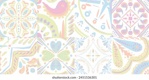 Majolica Vector Pattern. Vintage Talavera Border. Sicilian Mosaic.Ethnic Square Tile. Ceramic Background. Watercolor Azulejo Seamless Design. Portuguese Patchwork Ornament.