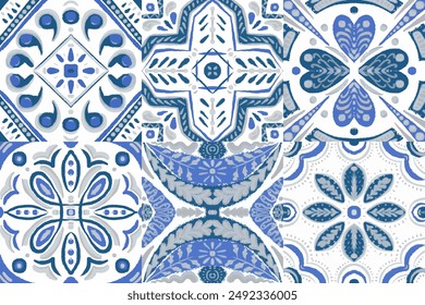 Majolika-Vektorgrafik. Klassische Talavera-Grenze. Keramischer Hintergrund. Sizilianisches Mosaik. Ethnische quadratische Fliese. Aquarell Azulejo nahtloses Design. Portugiesisches Patchwork-Ornament.