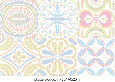 Majolica Vector Pattern. Vintage Talavera Border. Ceramic Background. Watercolor Azulejo Seamless Design. Portuguese Patchwork Ornament. Sicilian Mosaic.Ethnic Square Tile.