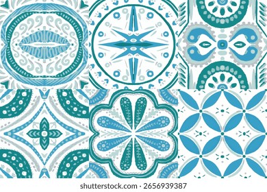 Majolica Vector Pattern. Vintage Talavera Border. Sicilian Mosaic.Ethnic Square Tile. Ceramic Background. Watercolor Azulejo Seamless Design. Portuguese Patchwork Ornament.