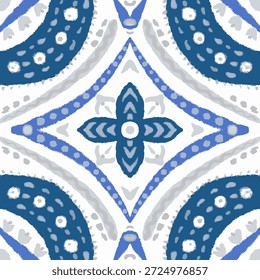Patrón de Vector de mayólica. Frontera de Antiguas Talavera. Fondo de cerámica. Acuarela Azulejo Diseño sin fisuras. Ornamento de patchwork portugués. Mosaico siciliano. Azulejo cuadrado étnico.