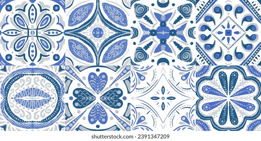 Majolica Vektormuster. Aquarell Azulejo Nahtloses Design. Portugiesisches Patchwork-Ornament. Sizilianisches Geometrisches Mosaik. Ethnische Quadrat-Tile. Vintage Talavera Border. Keramikhintergrund.