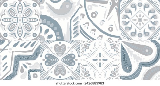 Majolica Vector Pattern. Watercolor Azulejo Seamless Design. Portuguese Patchwork Ornament. Sicilian Mosaic.Ethnic Square Tile. Ceramic Background. Vintage Talavera Border. Grey and White