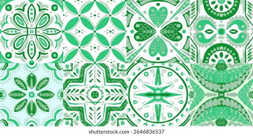 Majolica Vector Pattern. Watercolor Azulejo Seamless Design. Portuguese Patchwork Ornament. Sicilian Mosaic.Ethnic Square Tile. Ceramic Background. Vintage Talavera Border.