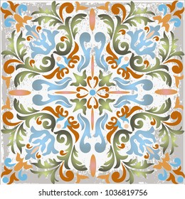 Majolica, vintage ornaments on the antique tiles