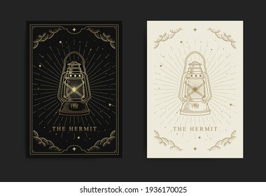 Major arcana card with a lantern image symbolizing the hermit, with engraving, luxury, esoteric, boho, spiritual, geometric, astrology, magic themes, for tarot reader card. Premium Vector