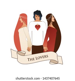 Major Arcana Emblem Tarot Card. The Lovers. Young man holding two beautiful women by the hand. T-shirt with heart on the chest, isolated on white background