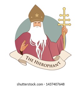 Major Arcana Emblem Tarot Card. The Hierophant. Pope with white beard and miter with stars, holding a golden crosier, blessing with his right hand, isolated on white background