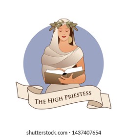 Major Arcana Emblem Tarot Card. The High Priestess with a laurel wreath reading a book isolated on white background