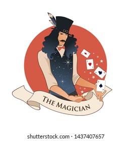 Major Arcana Emblem Tarot Card. The Magician with mustache and top hat, holding a magic wand doing magic with playing cards, isolated on white background