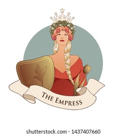 Major Arcana Emblem Tarot Card. The Empress. Beautiful woman with long braids, crown of flowers and stars, holding a shield with a hummingbird and golden scepter tulip isolated on white background