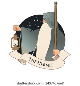 Major Arcana Emblem Tarot Card. The Hermit. Old man with a long beard, wearing a long hooded robe, leaning on a staff and illuminating his path with an old lamp, isolated on white background