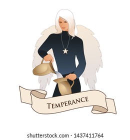 Major Arcana Emblem Tarot Card. Temperance. Angel with appearance and clothes of young man, great wings, hair fair, pouring water from one jug to another, isolated on white background