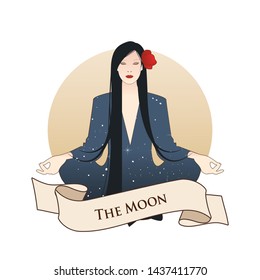 Major Arcana Emblem Tarot Card. The Moon. Beautiful girl meditating in lotus position and full moon in the background, isolated on white background