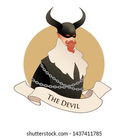 Major Arcana Emblem Tarot Card. The Devil. Man wearing a mask and big horns, mustache, goatee and austere clothes from old times. Demon eyes and chains around his body, isolated on white background